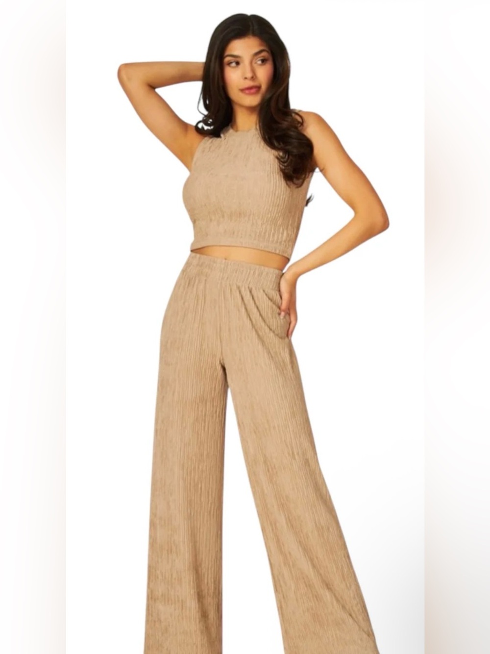 Wide-Leg Crop Top & Pant Crinkle Set in Beige